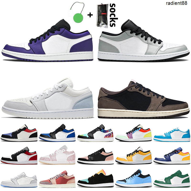 

Wholesale Top Quality Women Mens Jumpman 1 1s Low Basketball Shoes Retro Court Purple Light Smoke Grey Paris Travis Paint Drip Trainers