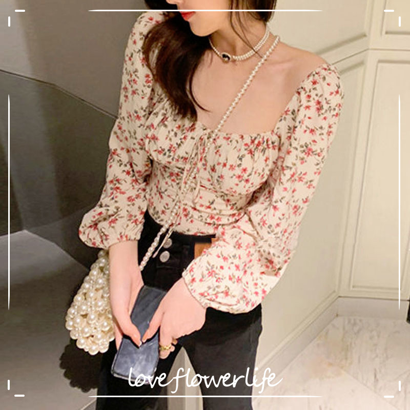 

Elegant Printed Blouses Women Long Sleeve Square Collar Froal Tops Office Ladies Loose Shirts Casual Korean Style Summer 210521, As picture