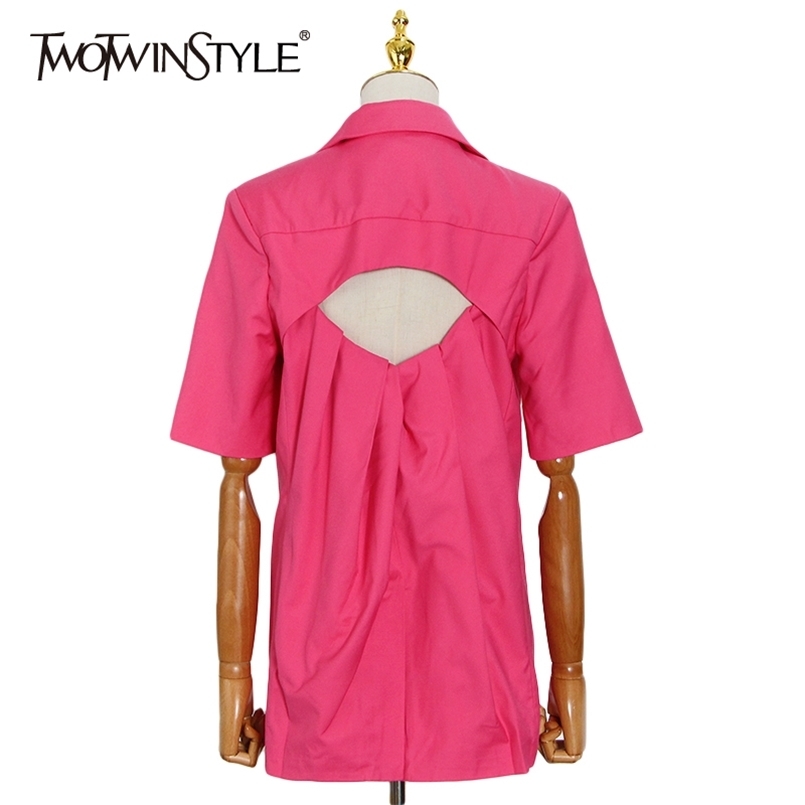 

Minimalist Hollow Out Blazer For Women Notched Short Sleeve Casual Blazers Female Fashion Clothing 210524, Rosered
