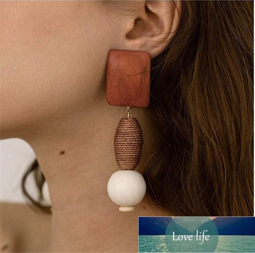 

SexeMara New Fashion Linen Hemp Rope Ball Rattan Hit Color Wood Long Round Drop Earring Women Jewelry Geometry Boucle D'oreille