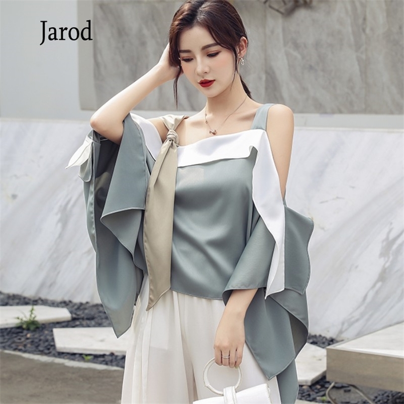 

Korean summer Off Shoulder Women's Shirts Ruffles Patchwork Lace Up Sleeveless Irregular Blouse Top women Clothing 210519, Photo color