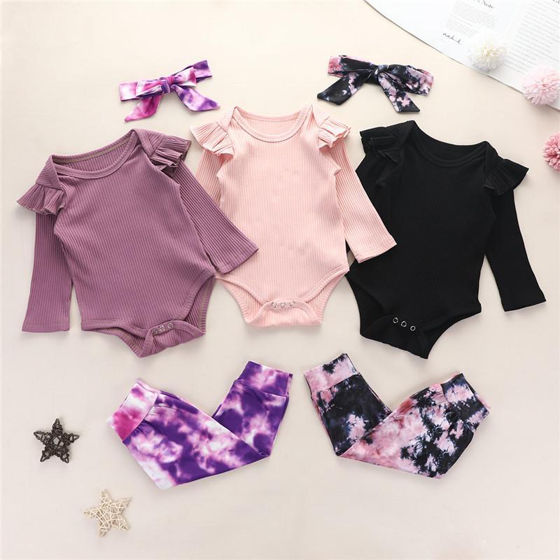 

Clothing Sets Born Baby Girls Clothes Set Fashion Autumn Long Sleeve Solid Color Romper Tops Tie Dye Pants Headband Infant Outfits, White