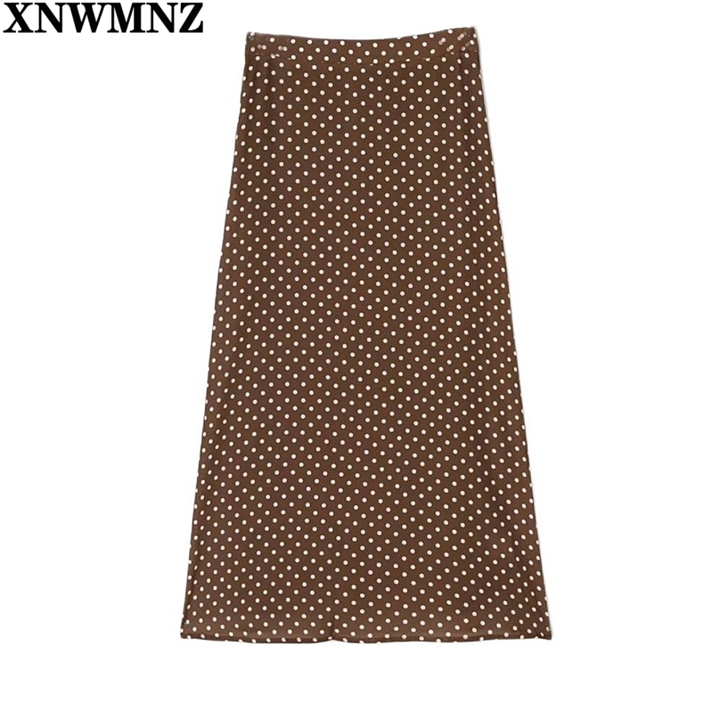 

Long skirt women Elegant White Dot Print Midi Skirts Women's Summer Chiffon Brown Girl Skirt Vintage High-waisted 210520