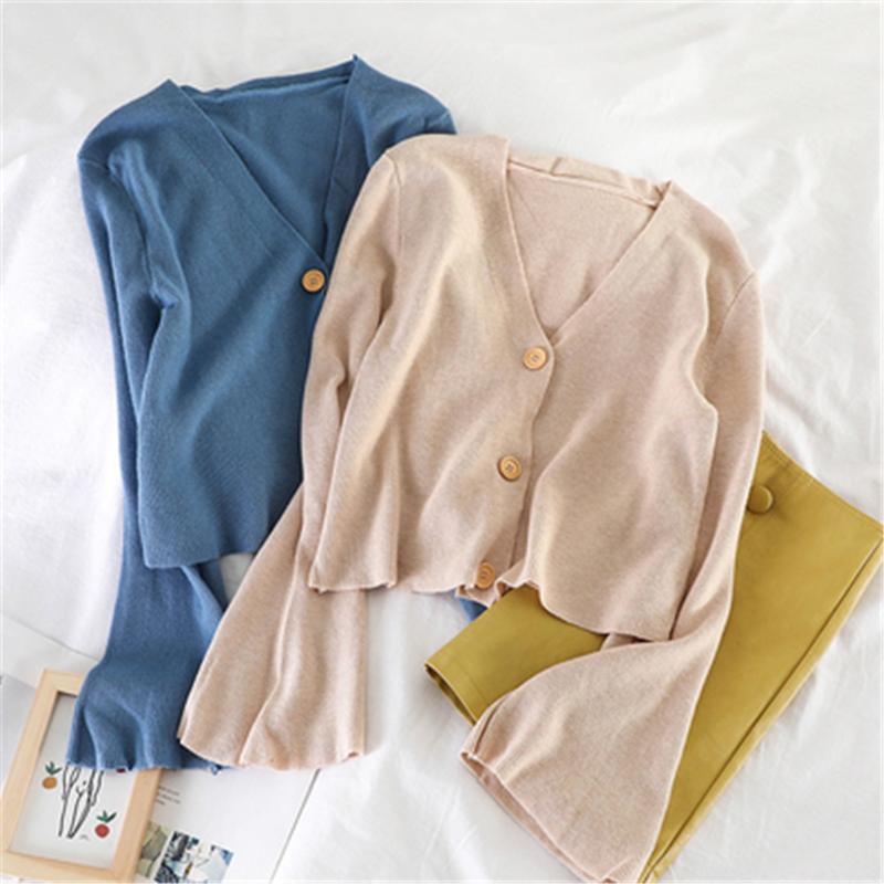 

Women's Knits & Tees Women Knitted Buttoned Up Casual Lantern Sleeve Stretchy Blouse Fashion Knitting Slim Elastic Tops 2022 Autumn, White