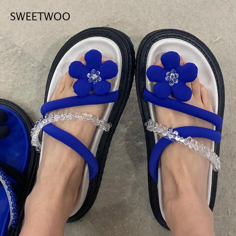 

Slippers 2021 Summer Flower Flip Flops Outside Cross Strap Ladies Fashion Crystal Flat Beach, Black