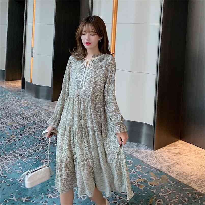 

Fashion dress female spring model Korean women's floral waist neckline tie chiffon long-sleeved 210520, Image color