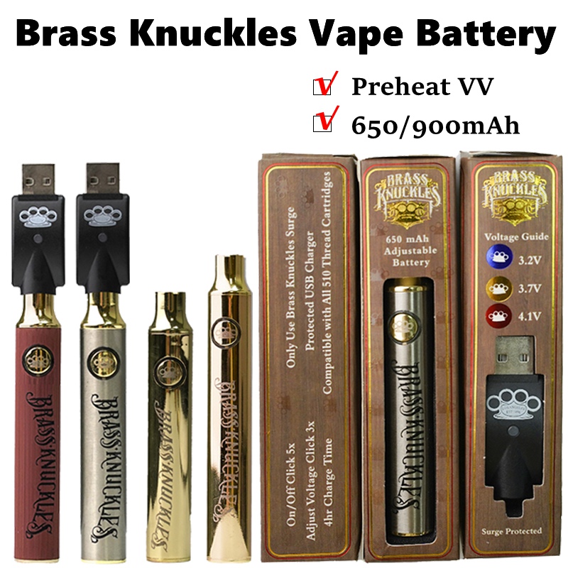 

Brass Knuckles Vape Battery 900 650mAh BK Gold Wooden Preheat VV Rechargeable Variable Voltage USB Charger Gift Box Batteries For E Cigarett