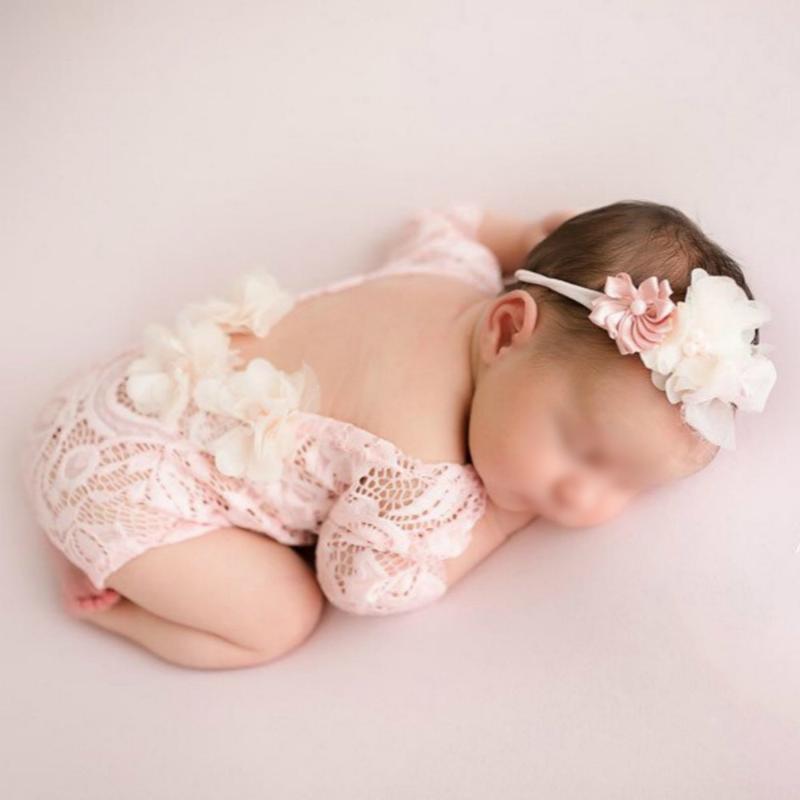 

Clothing Sets Born Lace Romper, 2 PCS Baby Girl Pography Props, Outfits With Flower Headband For Infants, White