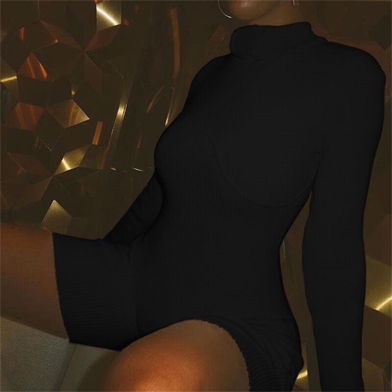 

OMSJ Autumn Clothing Long Sleeve Black/White Skinny Short Jumpsuit High Qualtiy Solid Turtleneck Playsuit Fitness Sporty Rompers 210517, Beige
