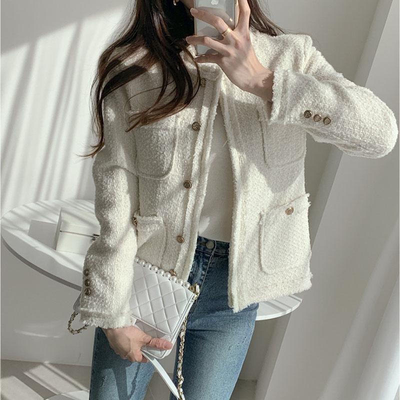 

Women's Suits & Blazers Vintage Slim Women Blazer Long Sleeve O Neck Tweed Suit Coat Short Jacket Wool Outwear White Dark Gray Autumn F904, White;black