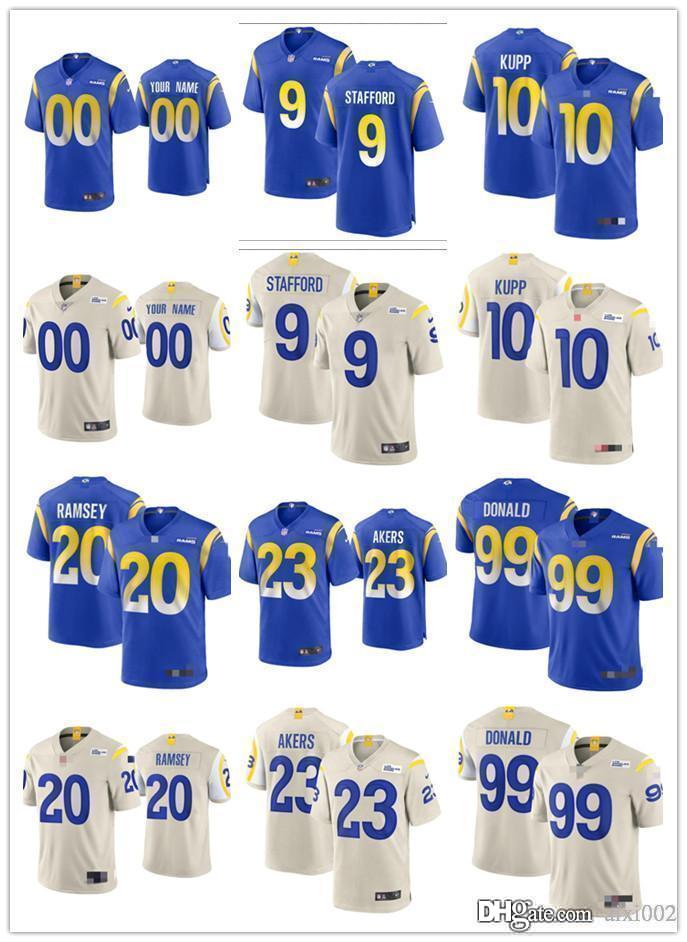 

Mens Womens Youth 9 Matthew Stafford 23 Cam Akers 99 Aaron Donald custom Beige blue White Football Jerseys, Black;red