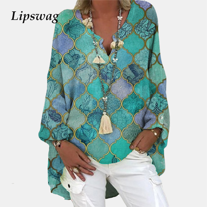 

Vintage Floral Print Long Sleeve Blouse Shirt 2021 Spring Fashion V Neck Pullover Tops Ladies Casual Plus Size Streetwear Blusa, 05 green