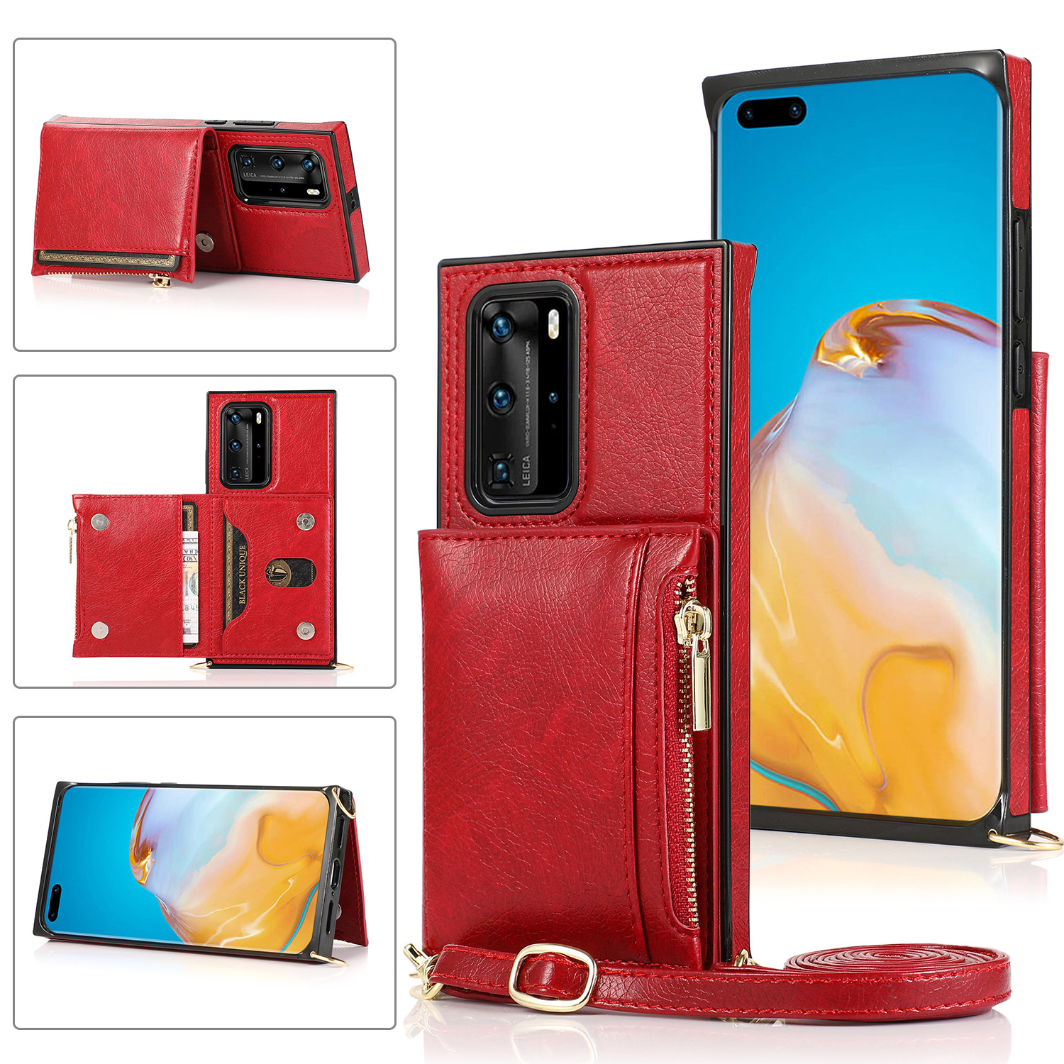 

Suitable Protective Huawei P40 Messenger Mobile Zipper Mate30pro Wallet Type Stand Shell For Bag P40pro Case Nwdox, Red;black