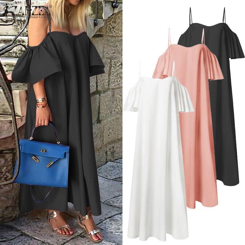 

Casual Dresses ZANZEA Women Sexy One Shoulder Summer Plus Size Bohemian Sun Holiday Ruffles Solid Long Maxi Party Vestido Robe 5, Pink