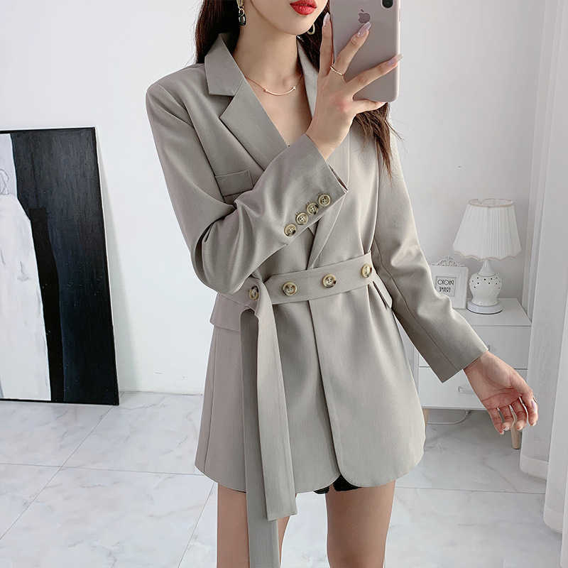 

Women's large size solid color high quality ladies blazer autumn and winter slim female mid-length jacket Trendy suit 210527
