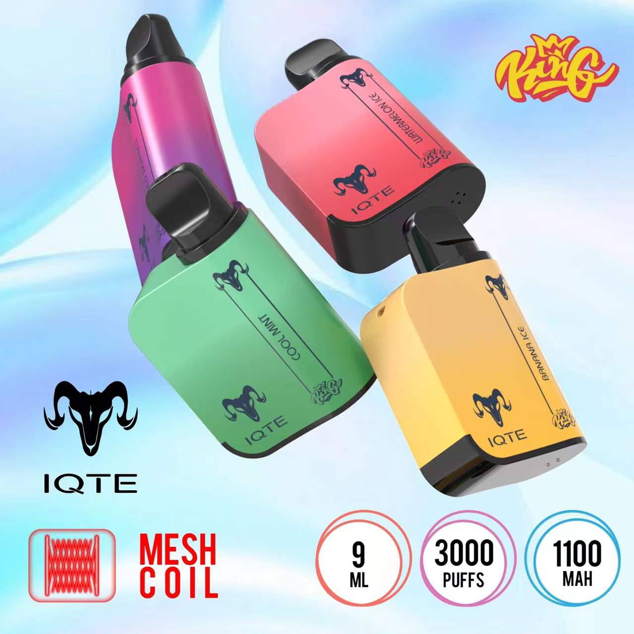 

IQTE King 3000 Puffs E Cigarette 1100mah battery 9ml pre-filled pods device Mesh coil 100% QST Original