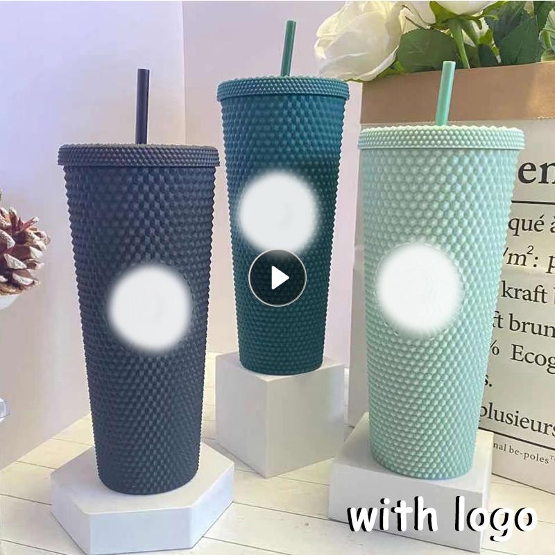 

Mugs 710ml Diamond Straw Cup Durian With Lid Logo ABS Material Double-Layer Reusable Tumbler Coffee Mug, 09