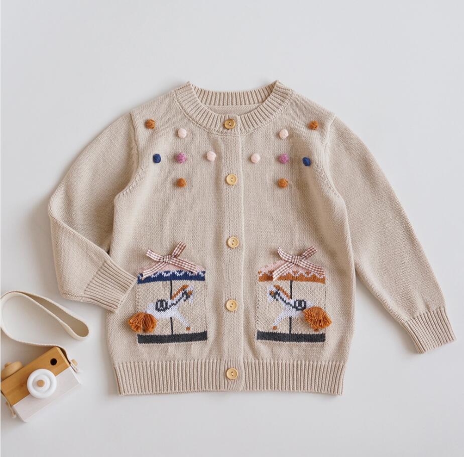 

INS baby Girl Clothing Knitted Cardigan Long Sleeve Cartoon Horse Design Sweater 100% cotton Top Winter Warm Clothes, As picture