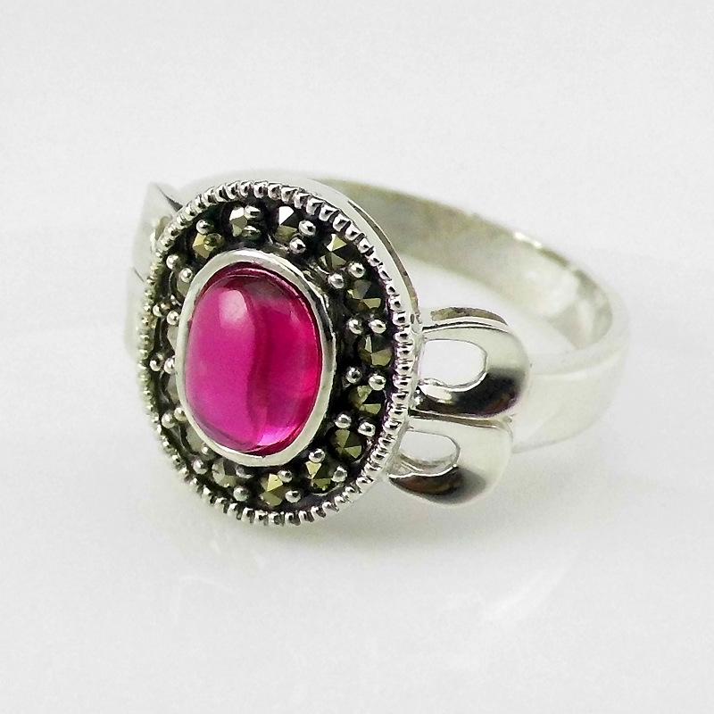 

Cluster Rings FNJ Round Rose Corundum 925 Silver Adjustable Size Open Original S925 Thai Ring For Women Jewelry MARCASITE