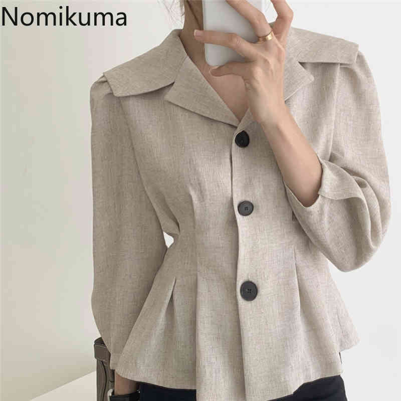 Nomikuma Korean Notched Collar Elegant Blouses Spring Chic Puff Sleeve Women Shirt New Slim Waist Blusas Mujer 6F307 210427