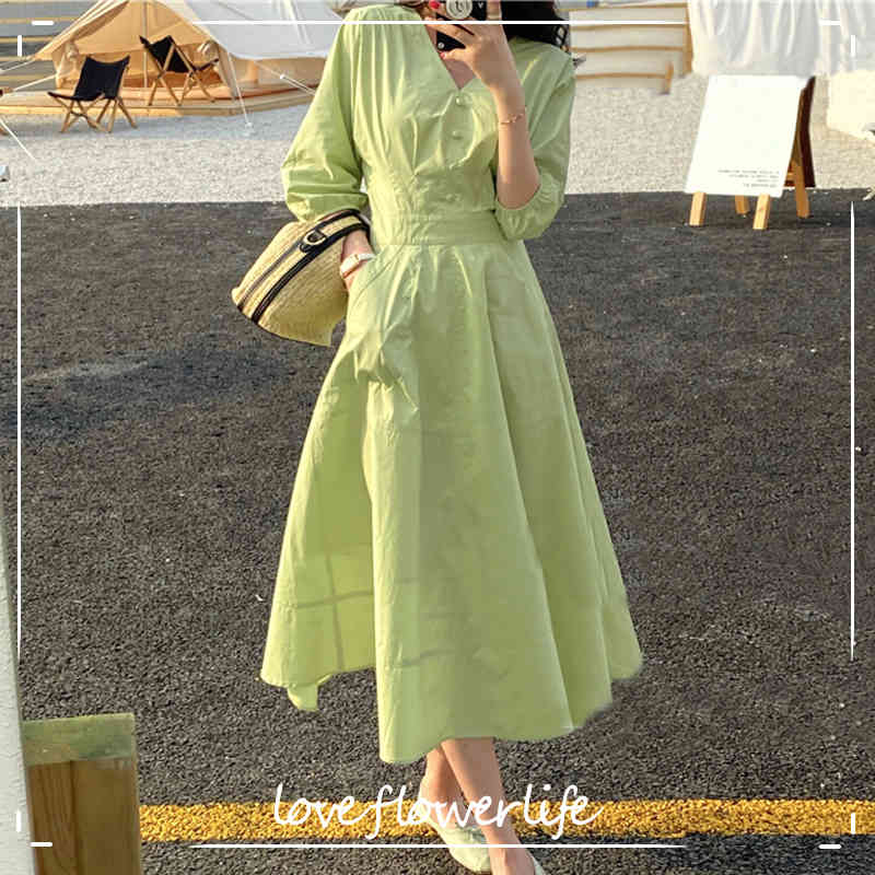

Korean Style V-neck Elegant Dress Women Bandage Design Slim Vintage Dress Office Lady Chiffon Thin White Dress Summer Chic 210521, Green