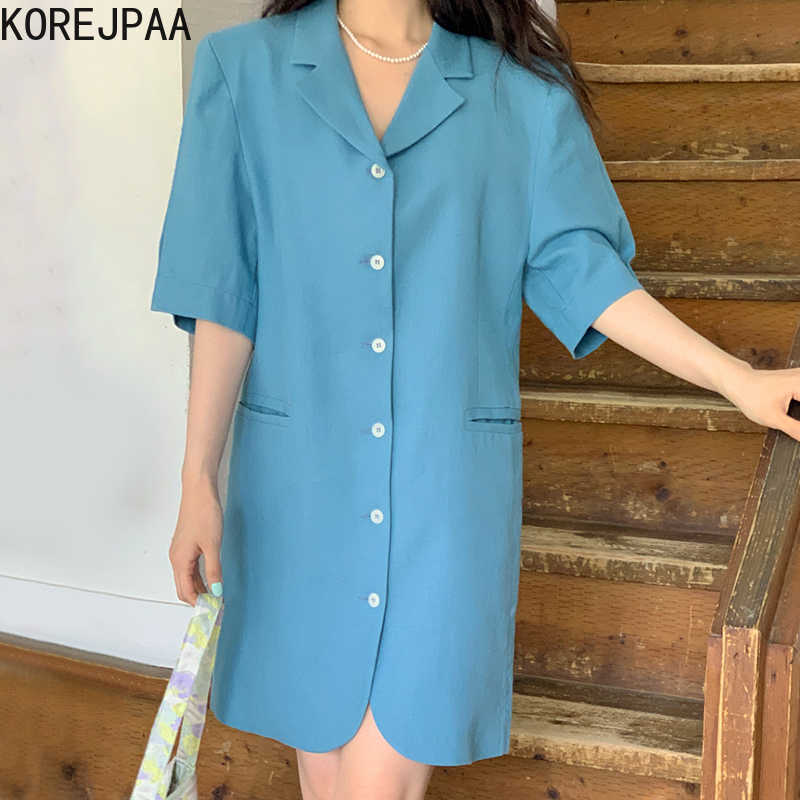 

Korejpaa Women Dress Summer Ladies French Simple Versatile Lapel Single-Breasted Loose Pocket Design Casual Suit Vestidos 210526, Blue