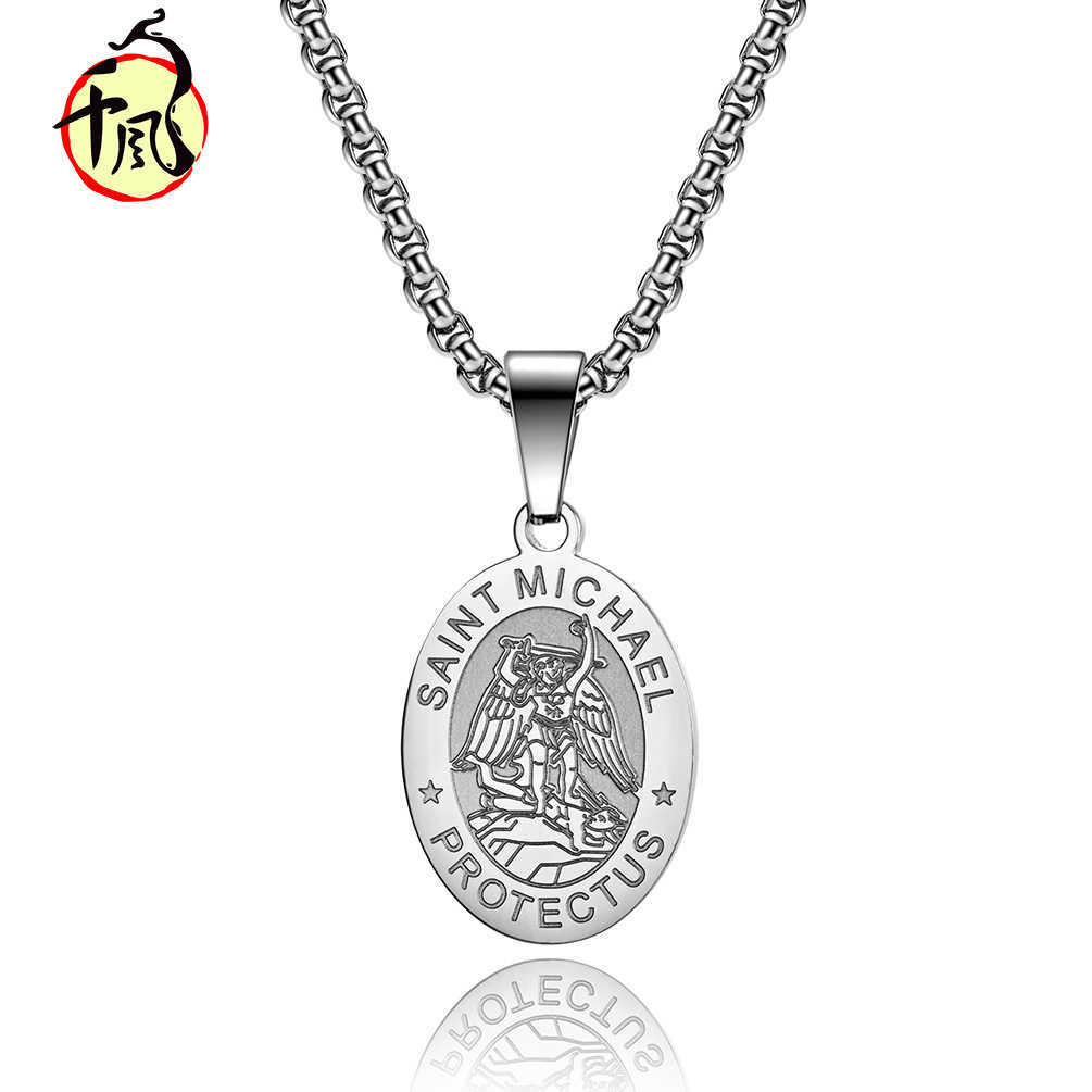 

St. Michael titanium steel pendant Catholic St. Michael black necklace Religious Jewelry, Silver
