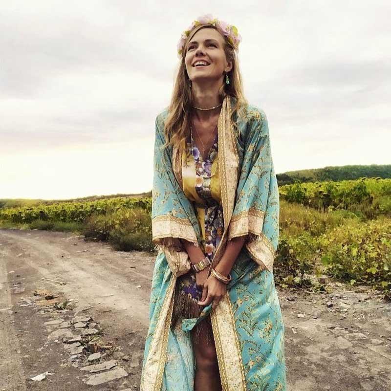 

Women' Blouses & Shirts Super Chic Beach Kimono Vintage Turquoise Summer Long Loose Floral Printed Robe Tops Sashes Wrap, As pic