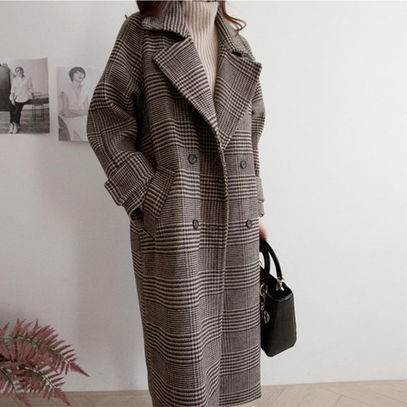

Women' Wool & Blends Women Elegant Winter Jacket Plaid Brown Oversize Overcoat Long Bandage Woolen Coat Cardigan Plus Size Manteau Femme Hi