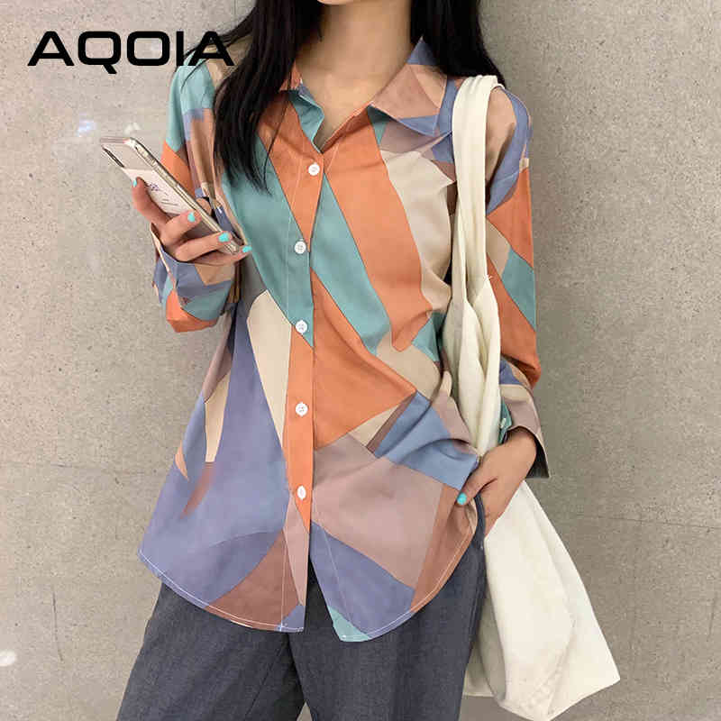

Spring Vintage Long Sleeve Turn Down Collar Women Shirts Button Up Ladies Shirt Loose Patchwork print Female Clothing 210521