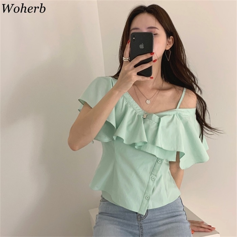 

Chic Korean Fashion Clothing Summer Sexy V Neck Off Shoulder Elegant Ruffles Blouse Women Irregular Short Blusas De Mujer 210519, Green