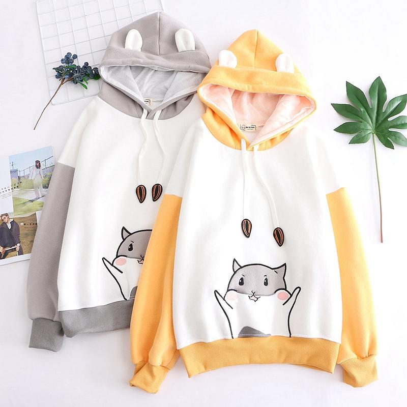 

Women's Hoodies & Sweatshirts Cute Hamster Embroidery Fall Winter Thicken Warm Pullovers Long Hooded Patchwork Tops Gray Yellow, Black