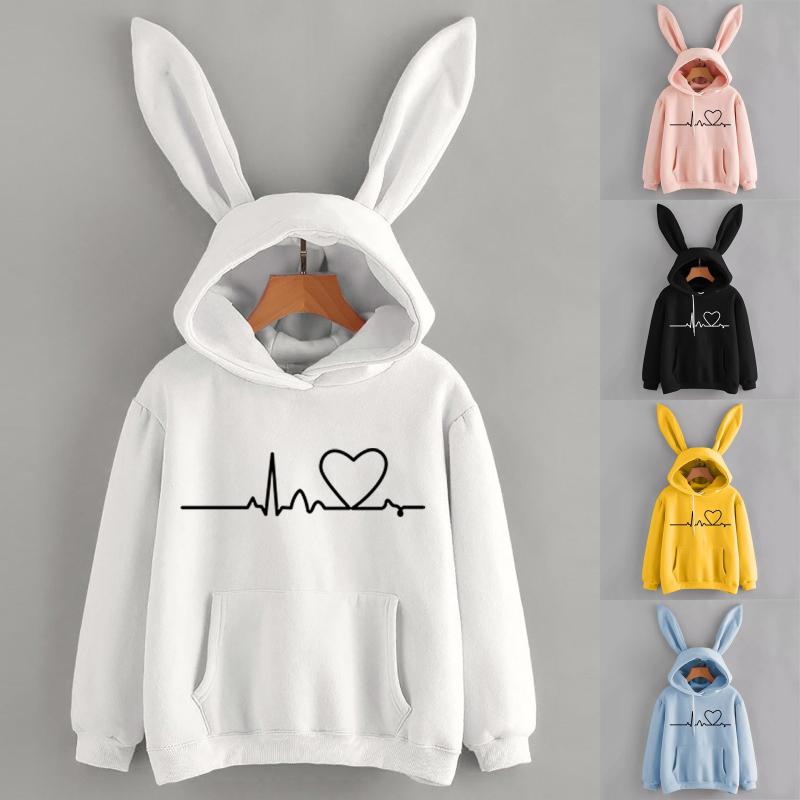 

Women' Hoodies & Sweatshirts Ears Sweatshirt Fashion Long Sleeve Oversized Hoodie Love Heart Print Pullover Tops Women Clothing Moletom, Black