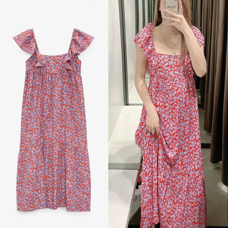 

Za Elegant Ruffle Floral Print Red Dress Women Short Sleeve Vintage Pleat Long Party Dresses Woman Elastic Summer Dress 210602