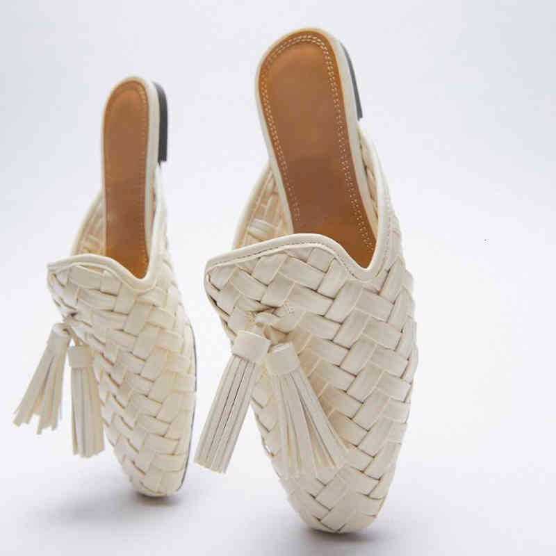 

slippers new summer women woven mules flat slippers square toe fashion fringe shoes for ladies outdoor dk1e, Black