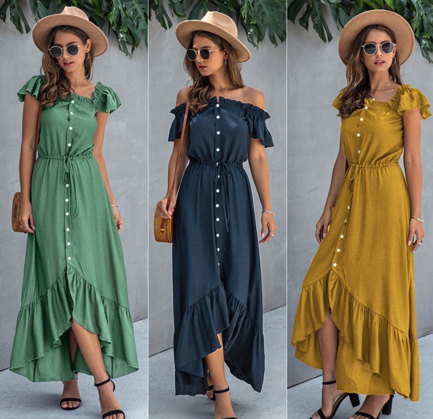 

Summer Women Slim Ruffles Long Casual Dress Short Sleeve Sexy Off Shoulder Backless Irregular Female Solid Button Maxi Dresses -2XL, Green