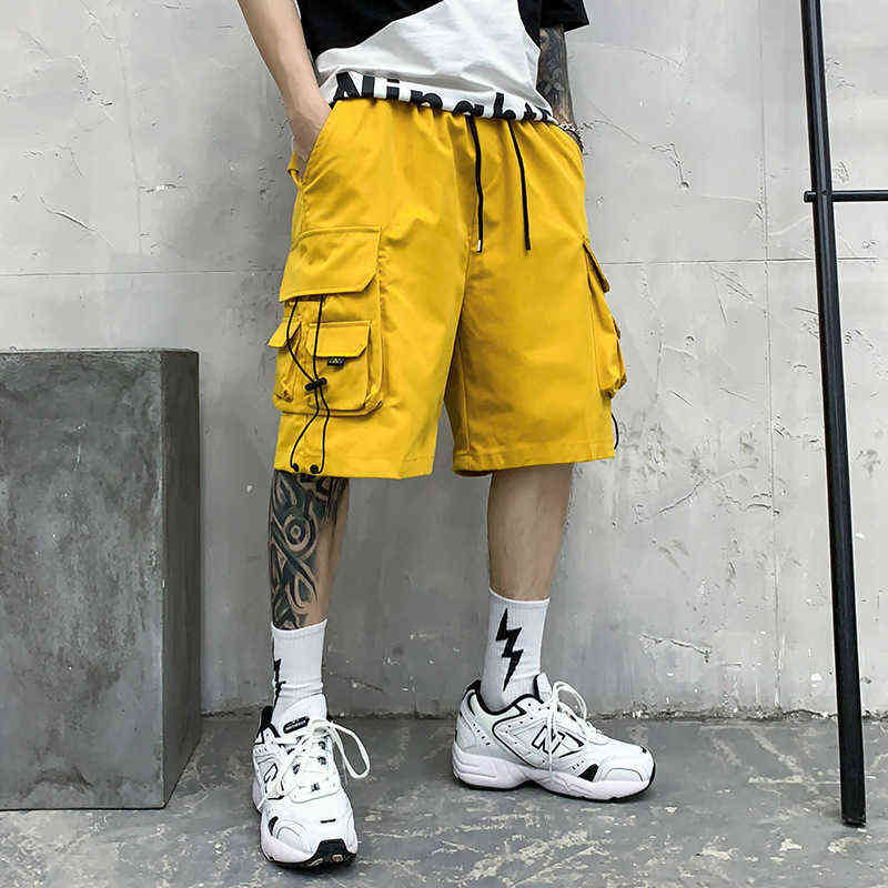 

Yellow Red Black Techwear Cargo Shorts Man Harajuku Casual Hip Hop Shorts Multi Pockets Drawstring Short Homme H1210