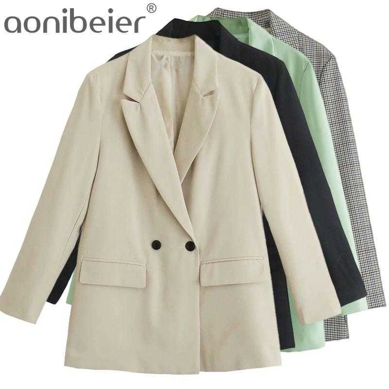 

Office Lady Casual Blazers Spring Summer Fashion Double Breasted Women Houndstooth Suit Jacket Loose Plaid Green Coats 210604