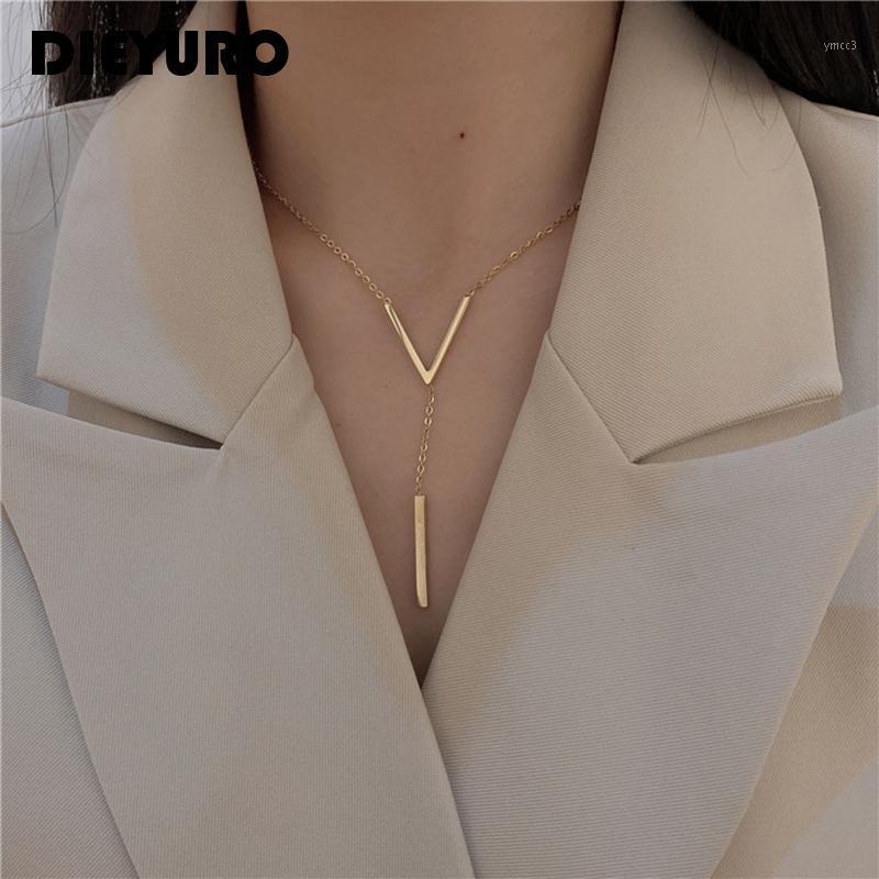 

Chains DIEYURO 316L Stainless Steel Temperament Letter V Long Pendant Gold ClavicleCchain For Women Simple Necklace All-match Jewelry
