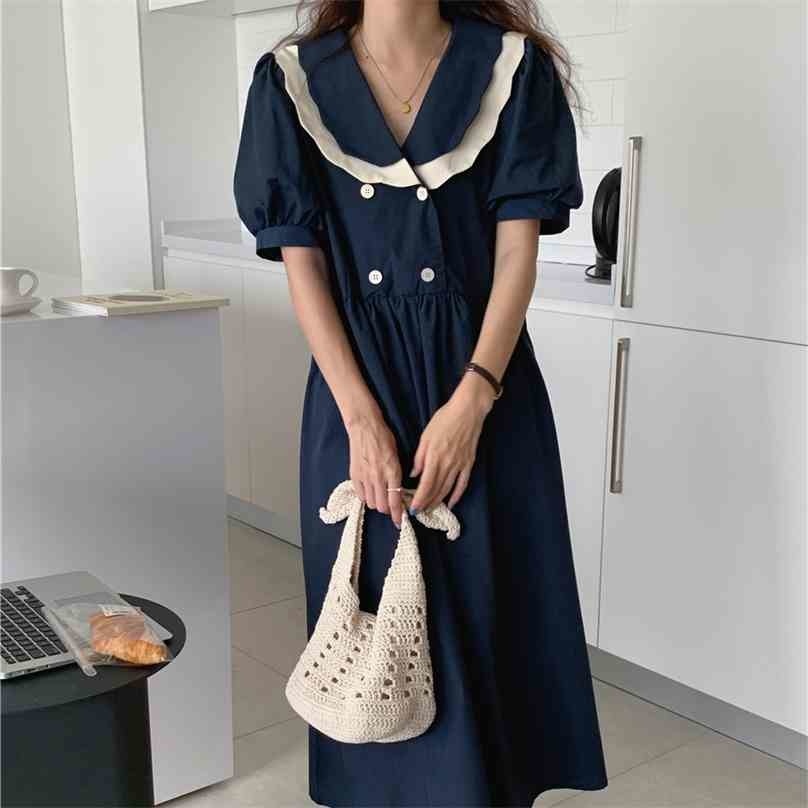 

Office Lady Streetwear Retro Color-Hit Peter Pan Collar Prom Loose Stylish Femme Gentle Long Dress Vestidos 210525, White