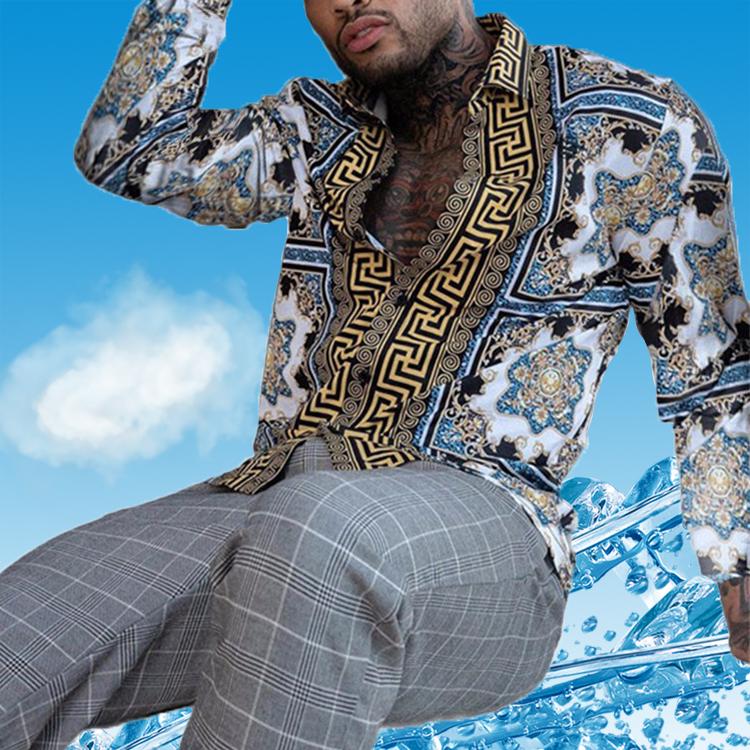 

Men Lapel Cool graphic Casual Shirts spring autumn Long Sleeve Slim Skulls Bows Floral printed Single breasted Tees Cardigan Black stripe Crown pattern shirts, 31