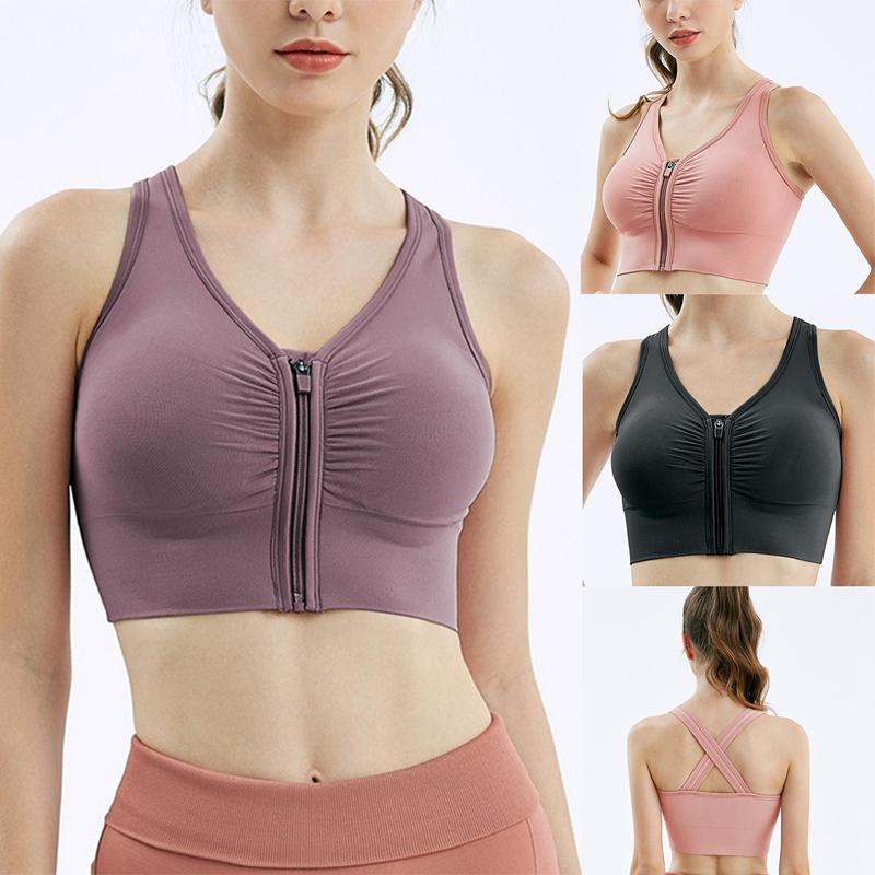 

Front Zipper Sports Bra Women Underwear Push Up Yoga Crop Top Bras Solid Athletic Vest Gym Fitness Sportswear Outfit, Black
