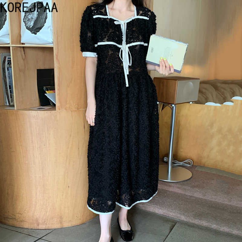 

Korejpaa Women Dress Summer Korea Chic Ladies Elegant Retro Square Neck Lace Bow Rose Petal Jacquard Puff Sleeve Vestidos 210526, Apricot