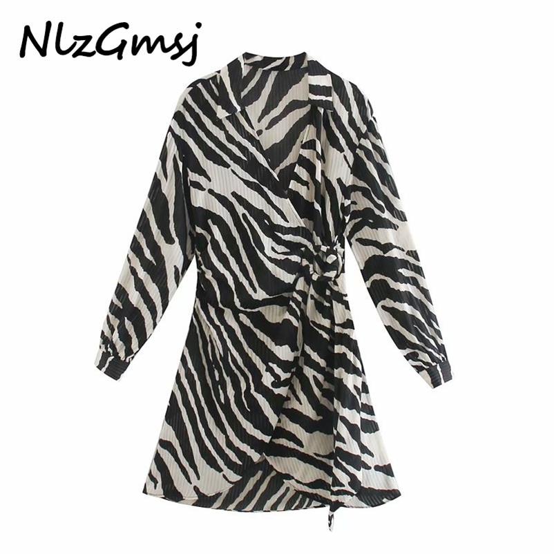 

Autumn fashion women animal print shirt dress waist bow tie office ladies mini with slash 210628, As picture