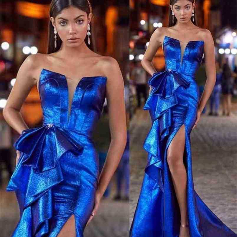 

Summer High Quality Blue Ladies Off-Shoulder Ruffle Split Dress Landing Celebrity Sexy Party 210525