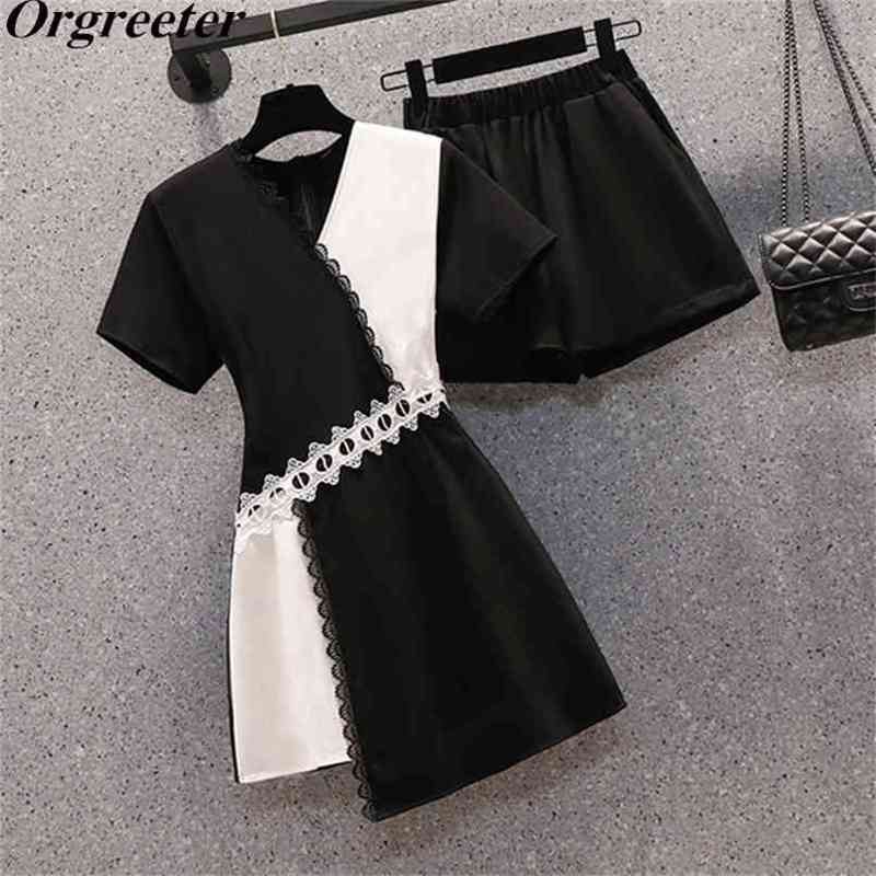 

Color contrast Patchwork Two piece set Women Summer V-neck Lace Trim Long Blouse Tops and Elastic waist shorts Suits 210602, Black