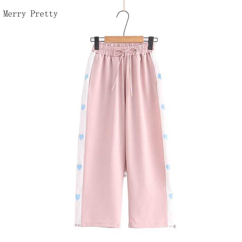 

Women side Cartoon Heart Embroidery Casual Wide Leg Pants Summer Drawstring Hight Waist Cotton Korean Female Basic Trouser 210526, Blue