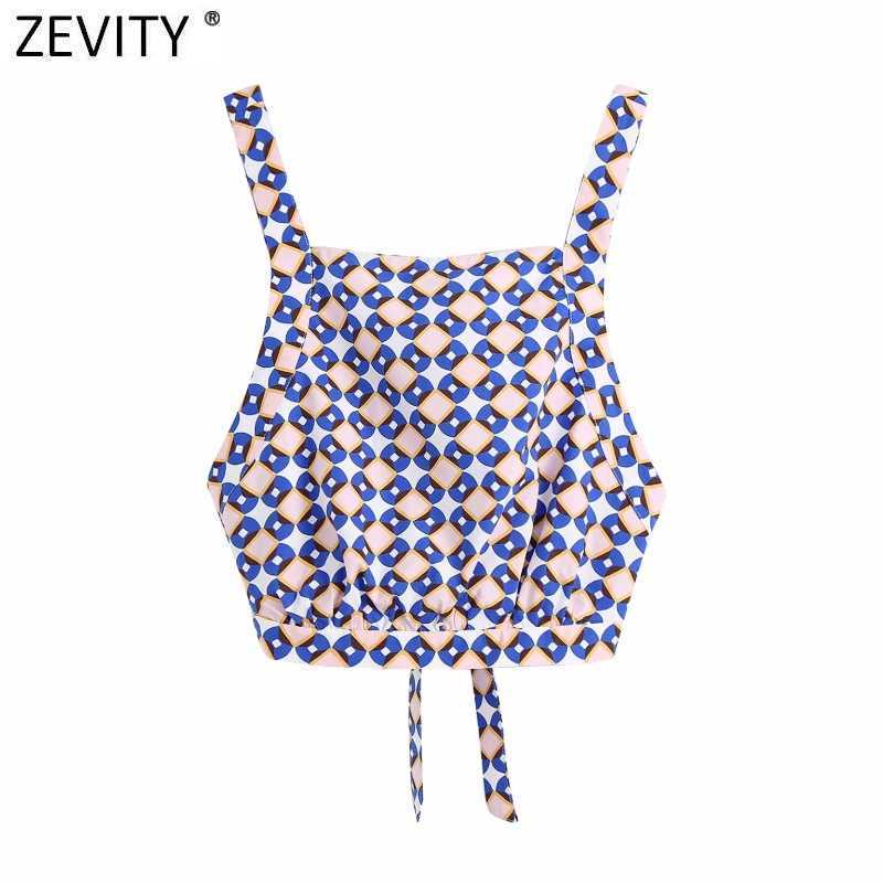 

Zevity Women Vintage Geometric Print Short Sling Shirt Ladies Sexy Backless Bow Tied Blouse Roupas Chic Crop Blusas Tops LS9393 210603, As pic ls9393bb