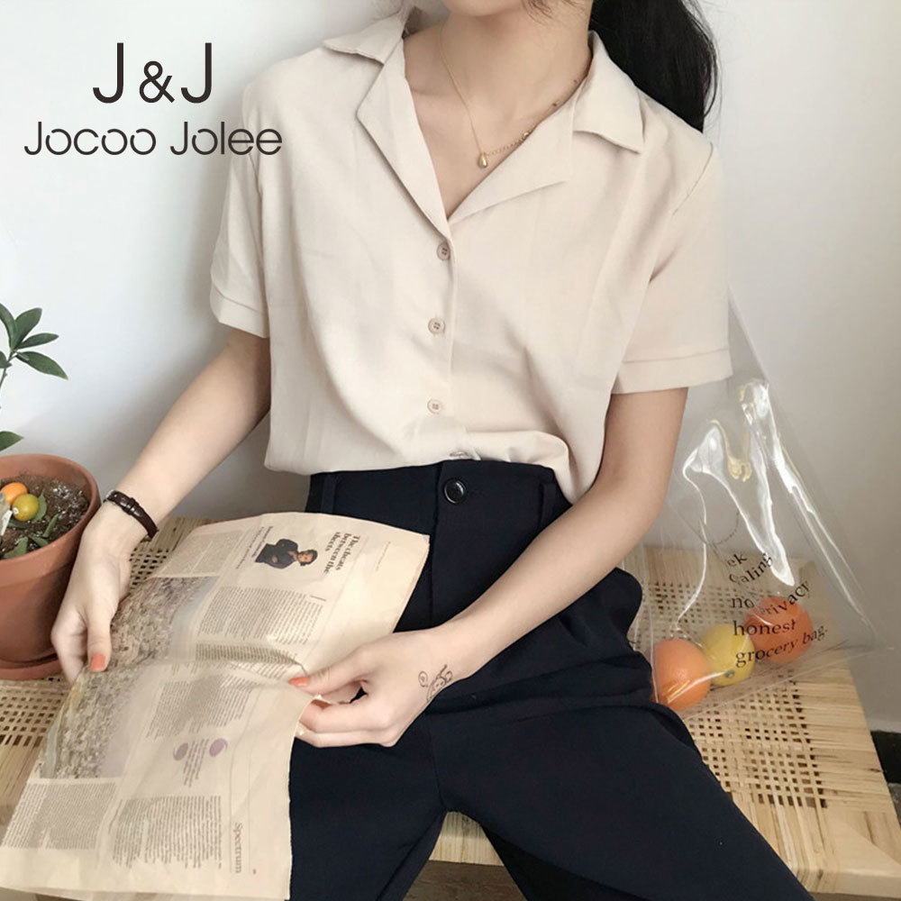 

Jocoo Jolee Women Summer Casual Bottons Short Sleeve Tops Basic Korea Chiffon Vintage Elegant Solid V-Neck Loose T-Shirt 210518, Watermelon red