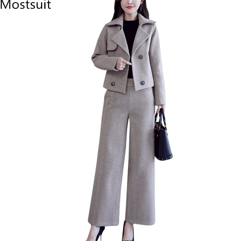 

Autumn Fashion Workwear Two Piece Sets Outfits Women Double-breasted Coats + Wide Leg Pants Suits Elegant Ladies Female Set 210518, Pink